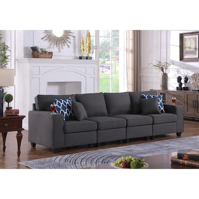 Linen Upholstered 4-Seater Sofa with 2 Cupholders in Dark Gray