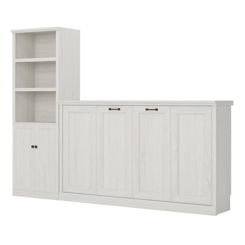 White Twin Size Murphy Bed Convertible Horizontal Cabinet Space Saving Platform Bed Folding into Hideaway Wall Bed, Bookcase Bed