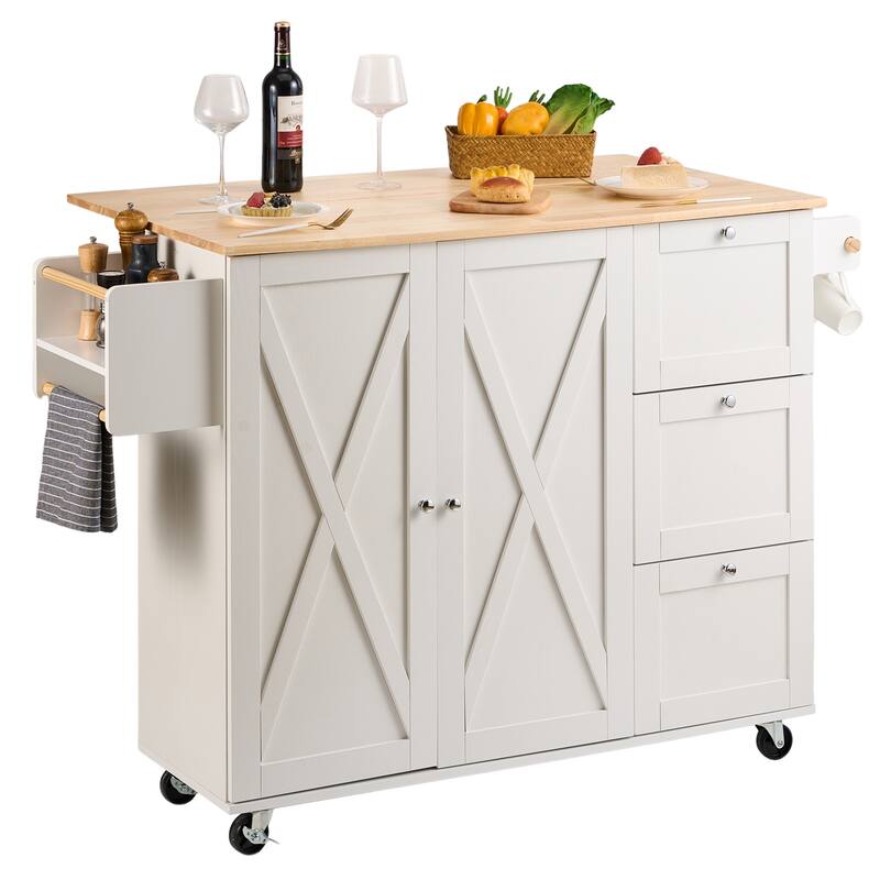 Kitchen Island Cart with Solid Wood Top, Spice Rack, Towel Rack, Drop Leaf & Drawer - White
