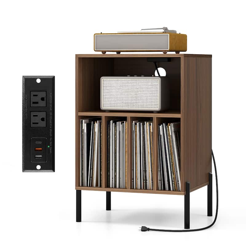 Gymax Record Player Stand w/Charging Station 5 Storage Compartments - Walnut - MDF
