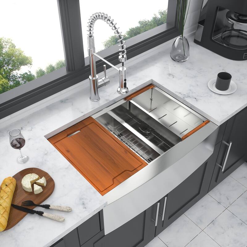 Brushed Nickel Stainless Steel Double Bowl Farmhouse Kitchen Sink with Workstation - 33" X 22"