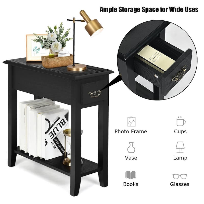 Space-Saving 2 Tier End Table with Drawer and Shelf for Living Room