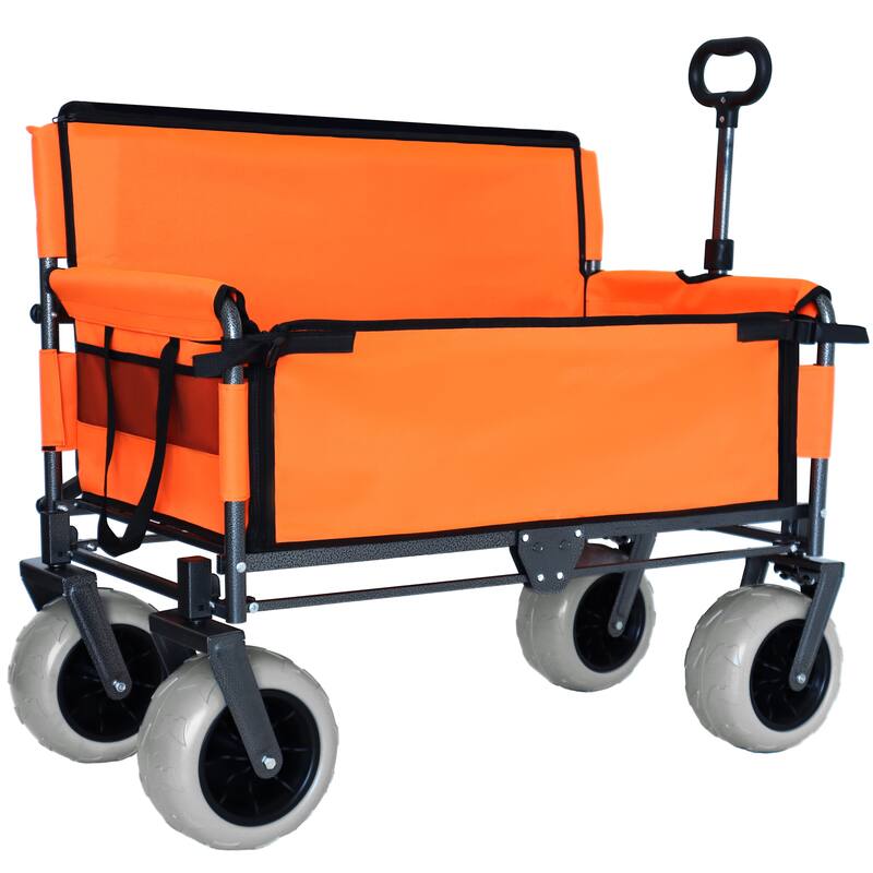 3-in-1 Folding Wagon with Bench Seat - 500lb Capacity with 9"x4" Beach Tires, Orange