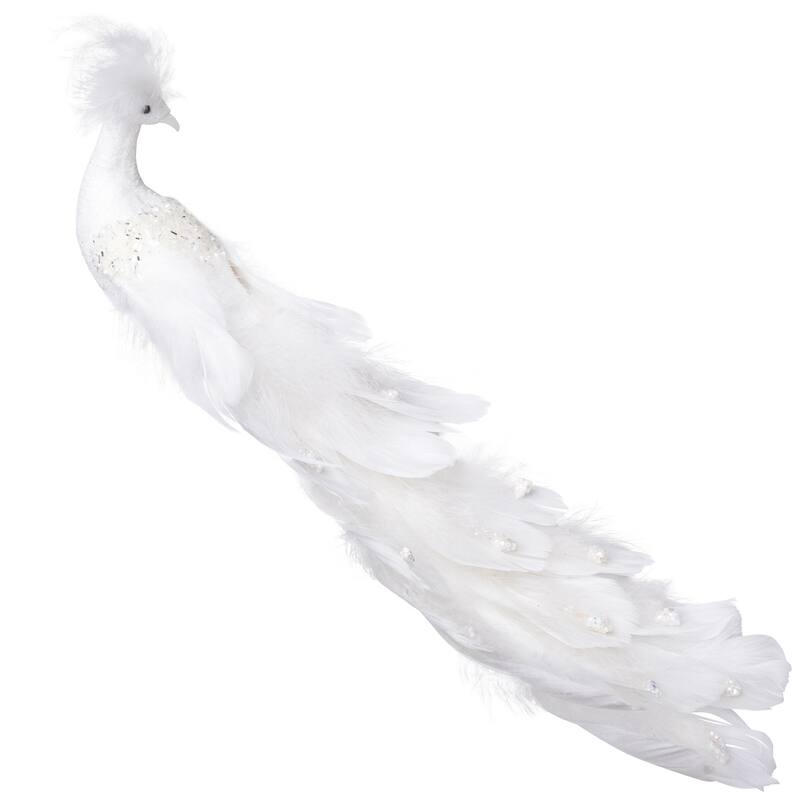 Glittered Peacock Clip-on Christmas Ornament - 14" - White