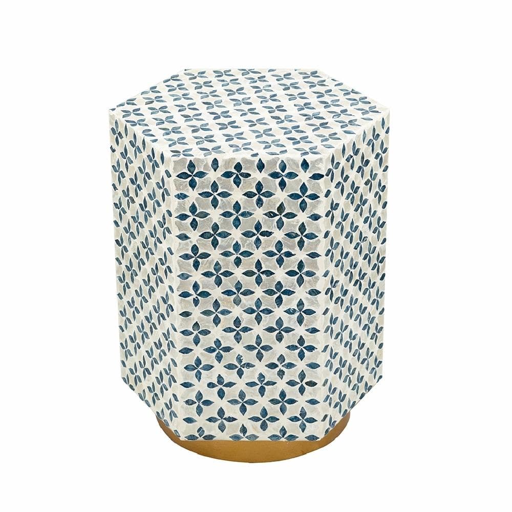 Hexagonal Accent Table - Blue Capiz & Gold Metal Base, End Table, Side Table - 15x13x18.5"