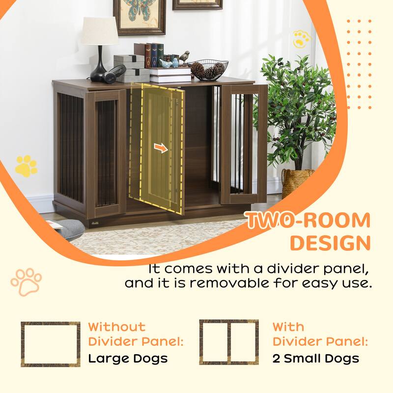 PawHut Large Furniture Style Dog Crate with Removable Panel, End Table with Two Rooms Design and Two Front Doors