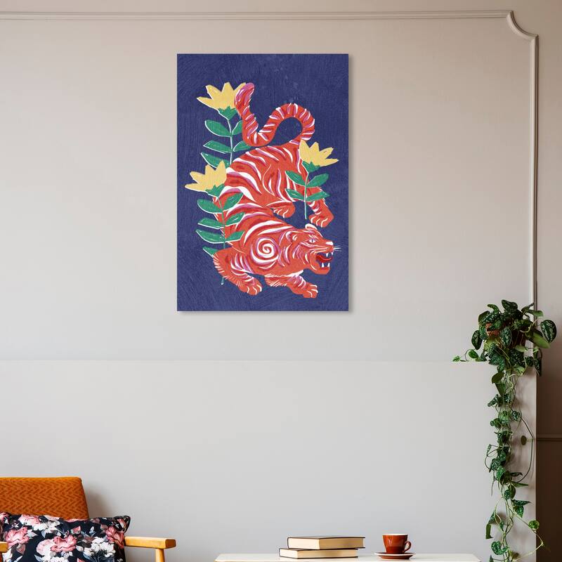 Wynwood Studio Canvas Animals Foral Crimson Tiger Red and Dark Blue Modern & Contemporary Wall Art Canvas Print - 30 x 20