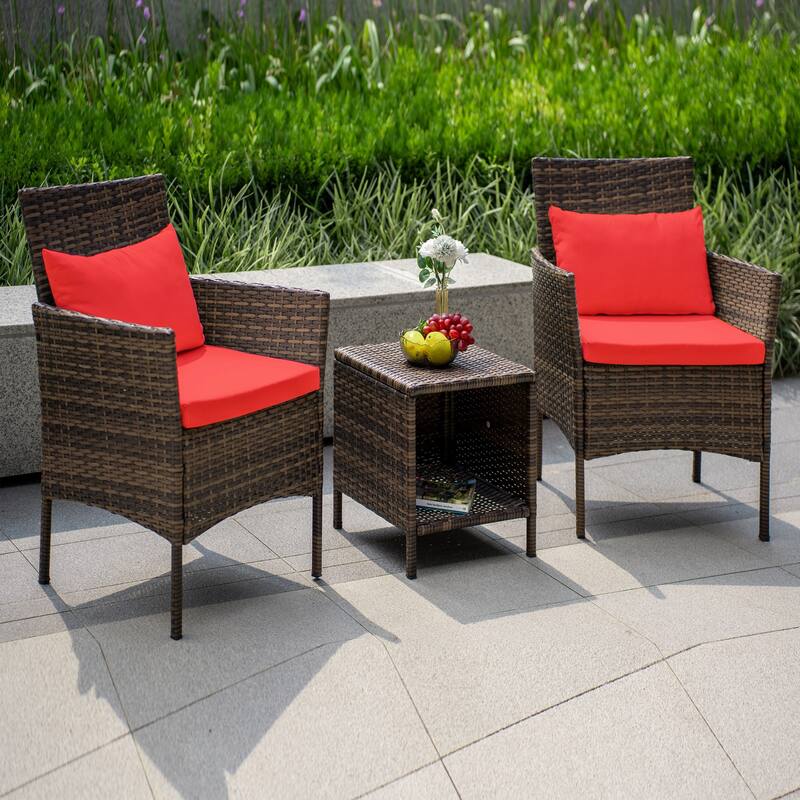 3 Piece Patio Conversation Bistro Set, Porch Balcony Furniture Set Outdoor Chat Furniture, Wicker Chairs and Storable Table Set