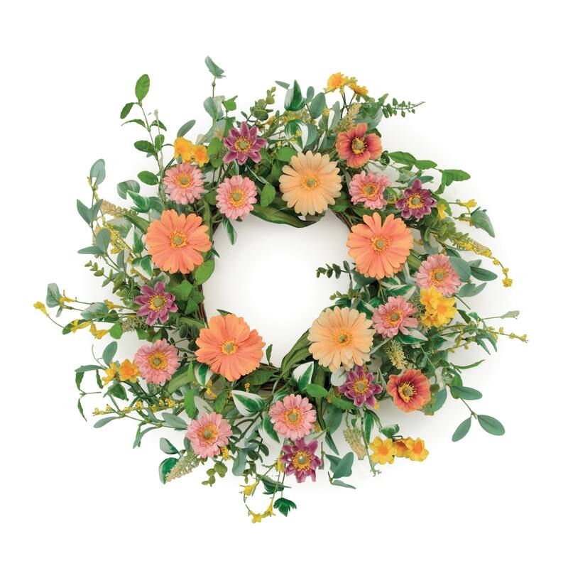 Mixed Gerbera Daisy Spring Floral Artificial Wreath - 24" - Pink and Green