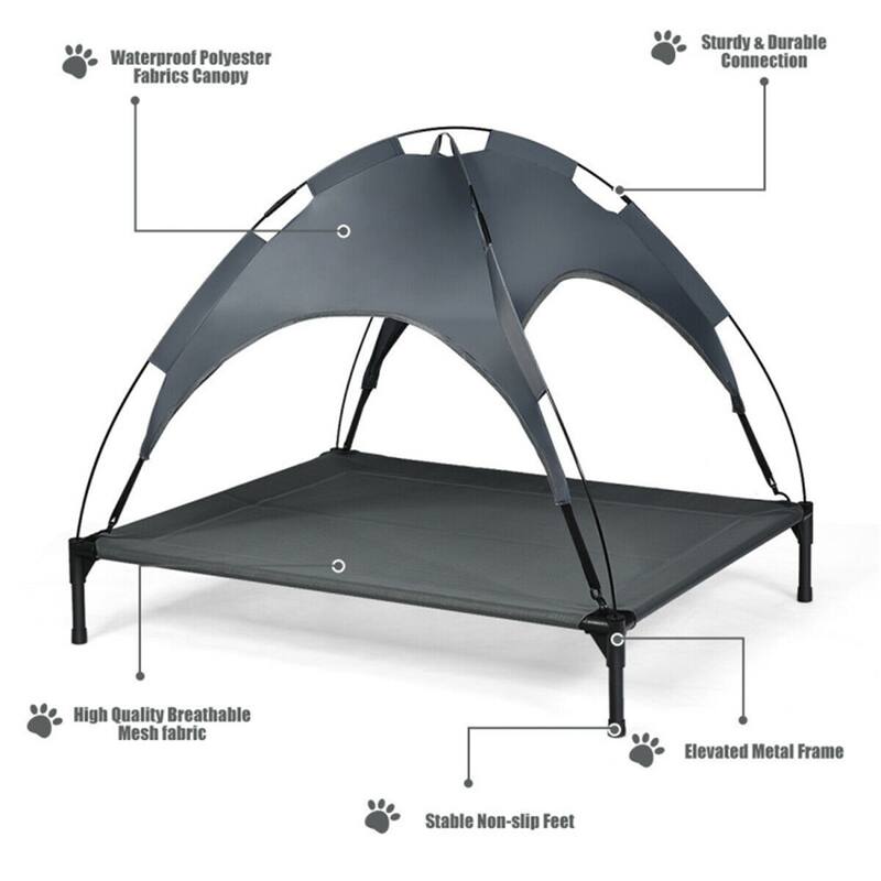 Grey Dog Cot with Uv Protection Canopy Shade for Large Dogs - 41.5" x 34.5" x 35"(L x W x H)