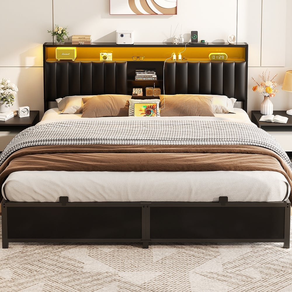 Upholstered Bed Frame with Storage Shelving, Platform Beds with Charge Station and LED Lights
