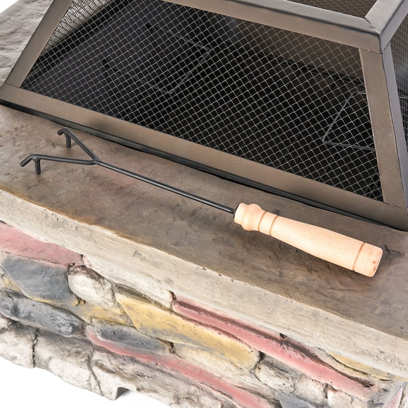 Roomfitters Outdoor Stone Finish Fire Pit with Mesh Screen, Heavy-Duty Fire Bowl, Perfect for Patio, Deck, and Garden Gatherings