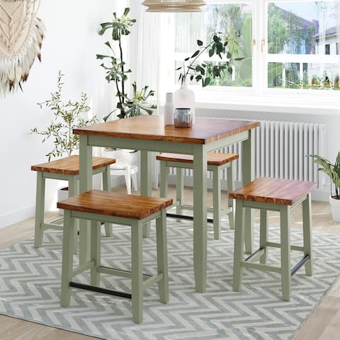 Farmhouse Rustic Wood Dining Table Set, Counter Height Dining Table with 4 Stools, Green