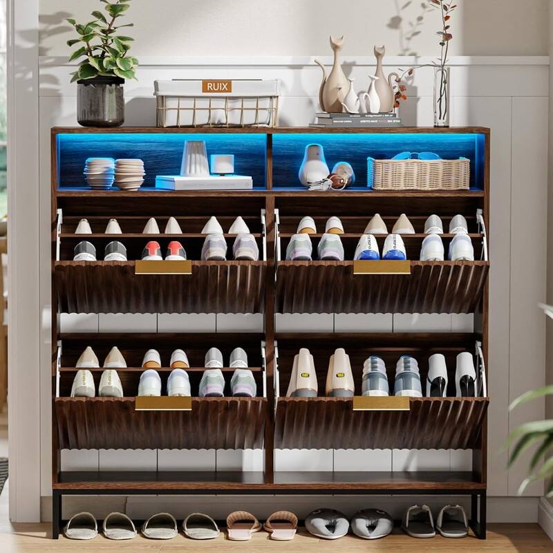 47.2 Inch Wide Slatted 4 Flip Drawers 1 Compartment Storage LED Light Shoe Cabinet