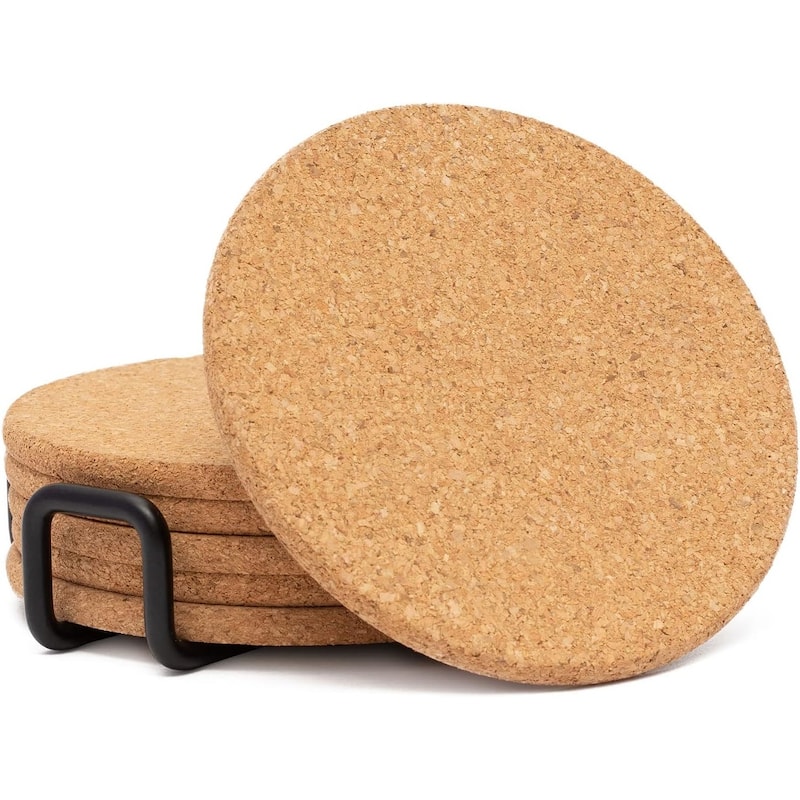 Set of 6 Thick Cork Coasters in Attractive Black Coaster Holder 4.7" Round Durable Absorbent Easily Wipes Clean - Brown