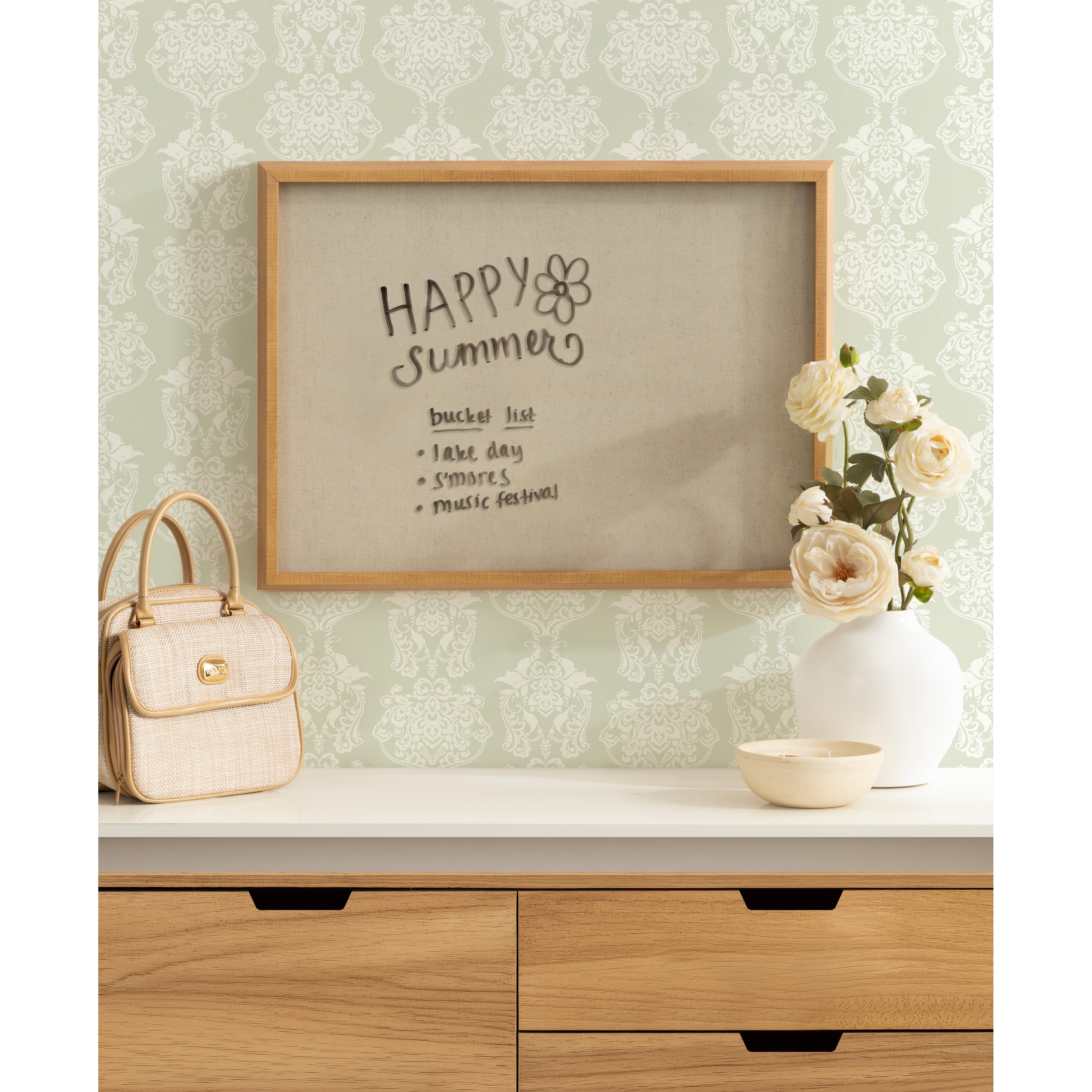 Kate and Laurel Natural Linen Light Dry Erase by The Creative Bunch Studio Framed Glass Dry Erase Wall Art White Board