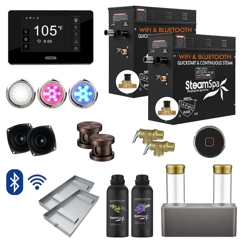 Black Series WiFi and Bluetooth 2 x 7.5kW QuickStart Steam Bath Generator Package w Dual Aroma Pump in Oil Rubbed Bronze