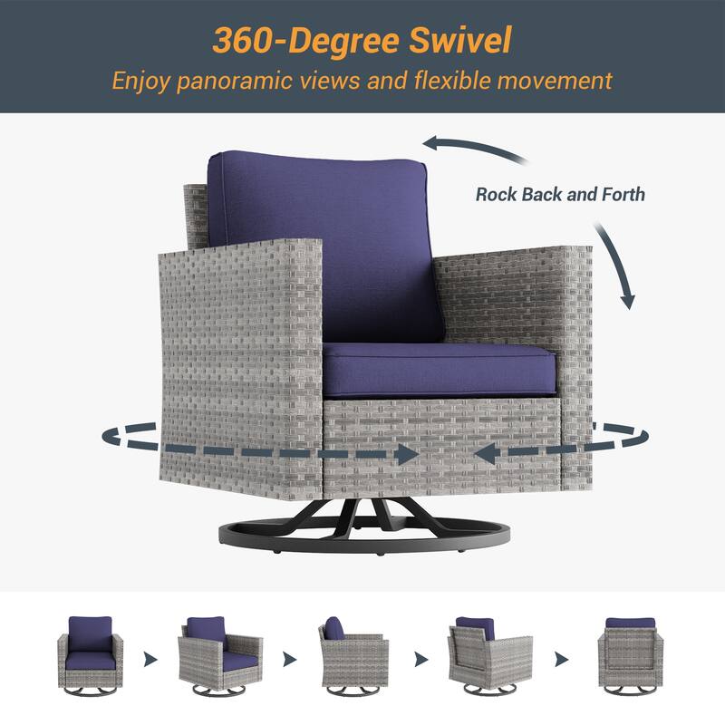 BONOSUKI 3Pcs Patio Swivel Rocking Sofa Set Grey Rattan w/Side Table