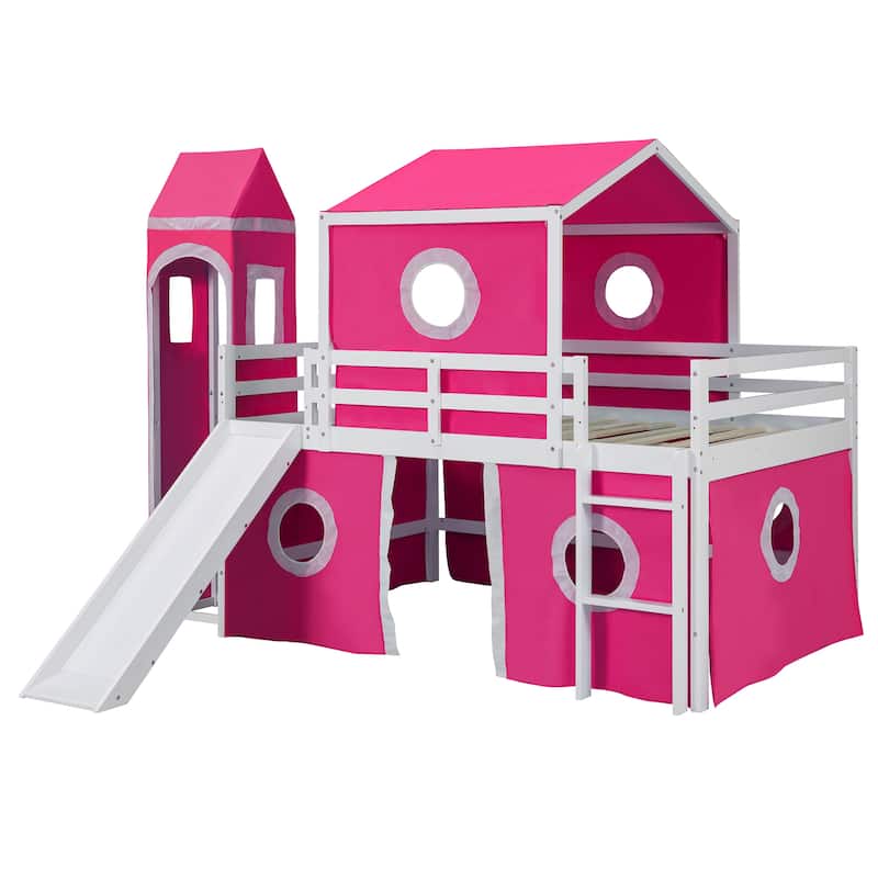 Full Size Solid Wood Loft House Bed with Slide and Ladder