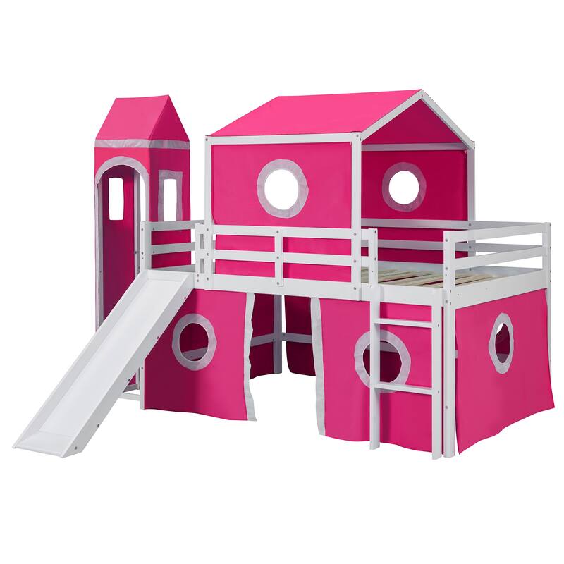 Solid Wood Loft House Bed with Slide Tent, Tower, Ladder, and Fence Baffle for Bedroom