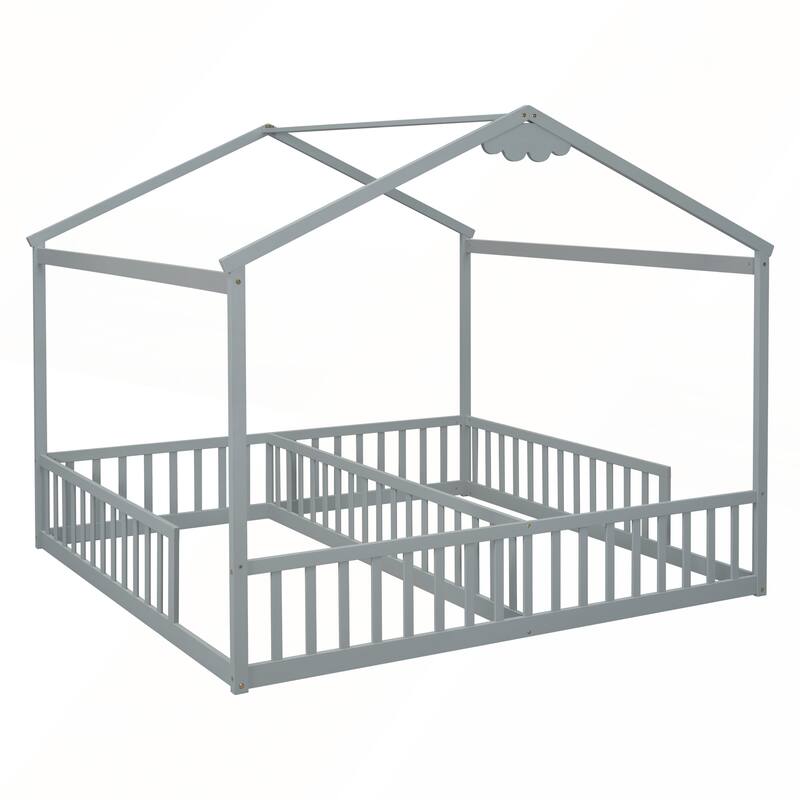Double Twin House-Style Floor Bed with Fence