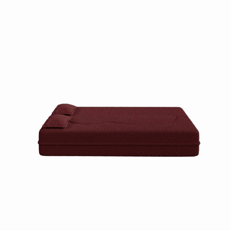Full Size Folding Teddy Fabric Foam-Filled Floor Sofa Bed with 2 Pillows, Burgundy, No Assembly Required