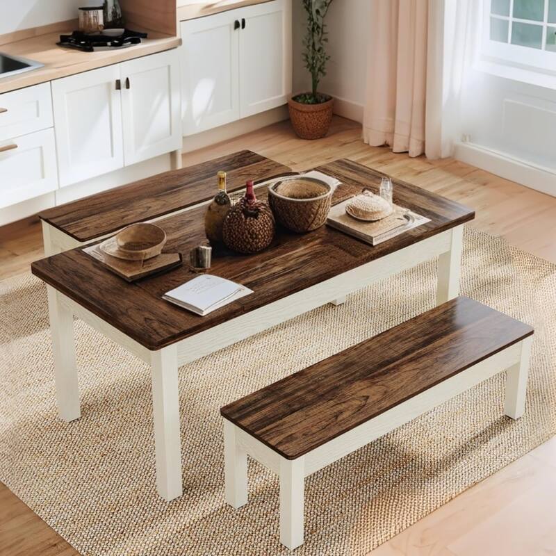 Farmhouse Wood Kitchen Table Set, 55-Inch Dining Table with 2 Benches