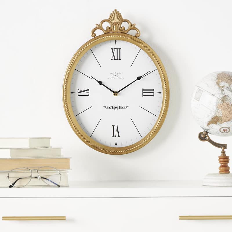 Metal Antique Inspired Decorative Wall Clock with Scrolled Finial - Gold - Roche River Decor