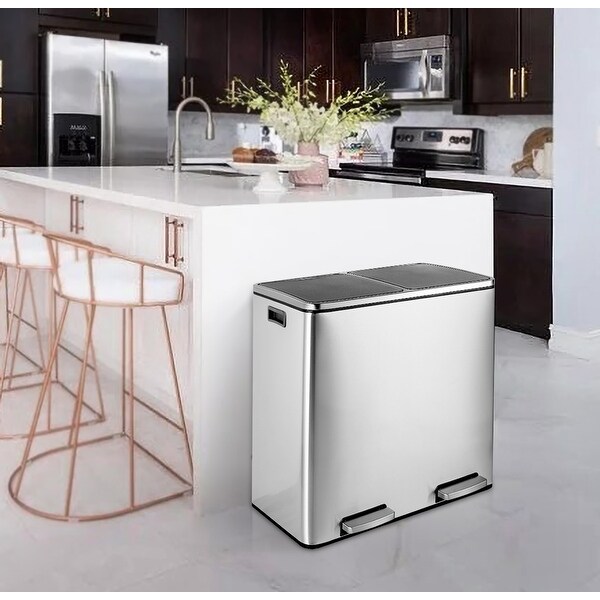 Stainless Steel 60L Dual Compartment Trash Can, Silver - On