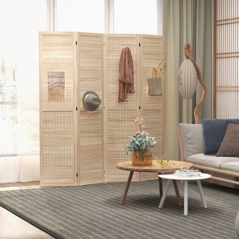 Natural Wood 4-Panel Folding Room Divider for Indoor Privacy and Decor - Natural Wood