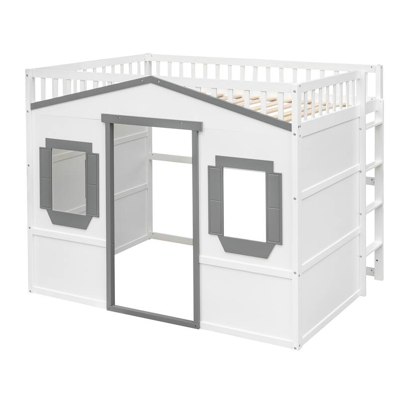 Full Size White and Gray Loft Bed with Ladder and Solid Pine Frame