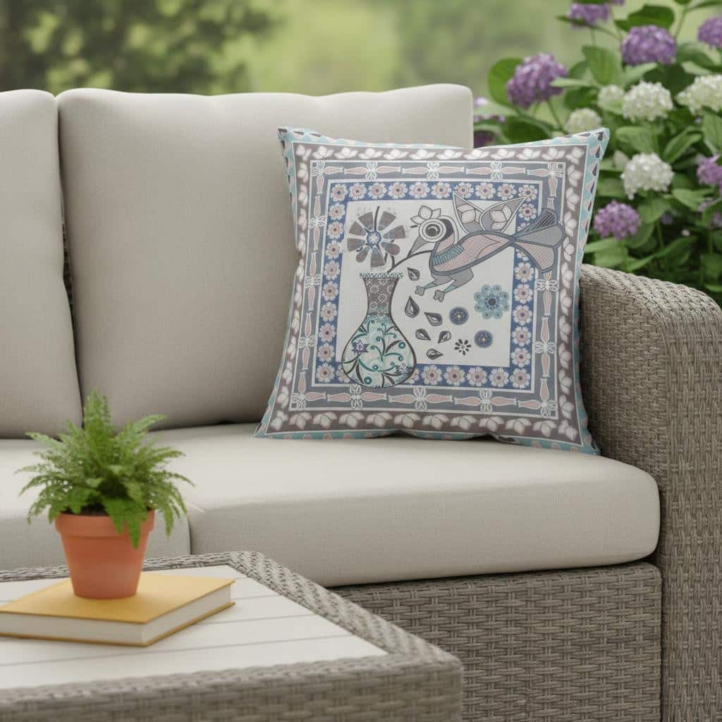 HomeRoots 20" x 20" Blue and Gray Peacock Blown Seam Floral Indoor Outdoor Throw Pillow - 20.00' X '5.00' X '20.00