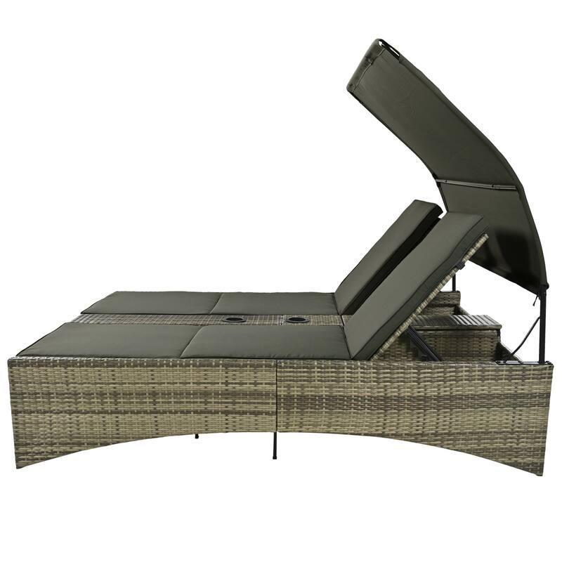 Outdoor Patio Rattan Daybed Sunbed with Canopy and Adjustable Backrest, Storage Box and 2 Cup Holders