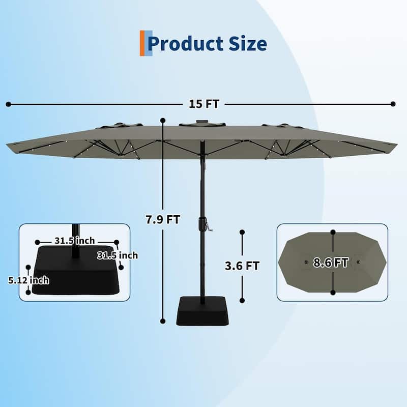 15FT Rectangular Patio Umbrella with Solar Lights & Base Included - Large Patio Umbrella with Crank Handle, UV