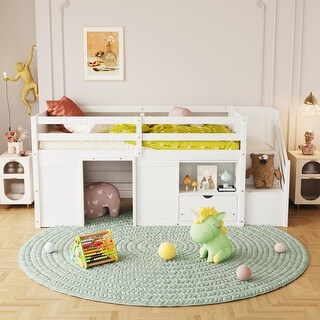 Modern Soidl Wood Twin Sise Low Loft Bed With Stair, Darwer, And Shelf