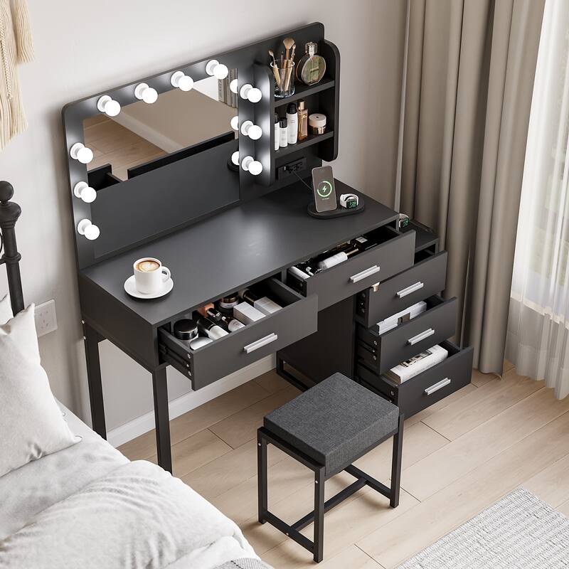 Vanity Desk with Lights and Mirror, Makeup Table with Charging Station, Vanity Table Set with Drawers and Cabinet