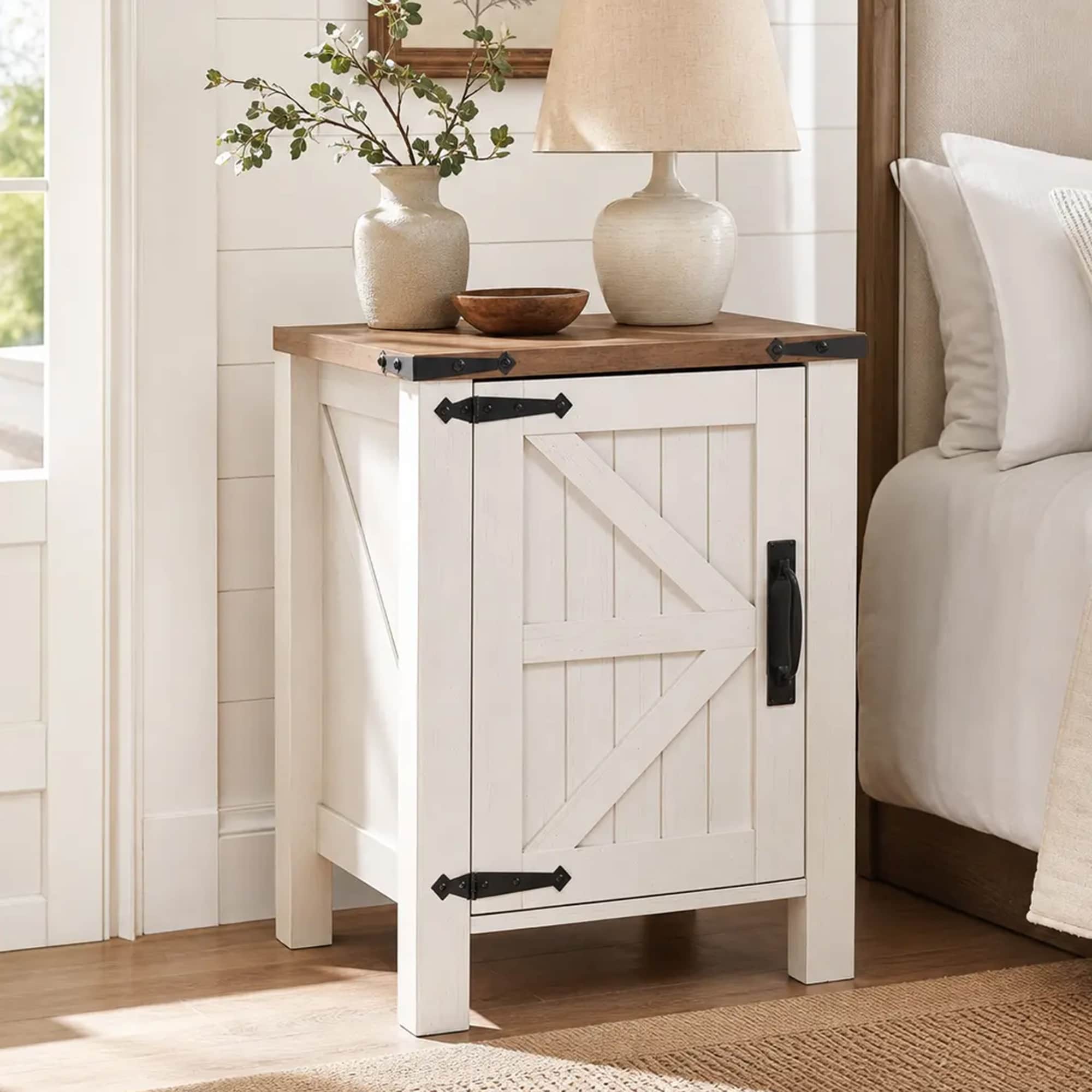 Farmhouse Wood End Table with Charging Station, Nightstand, Side Table