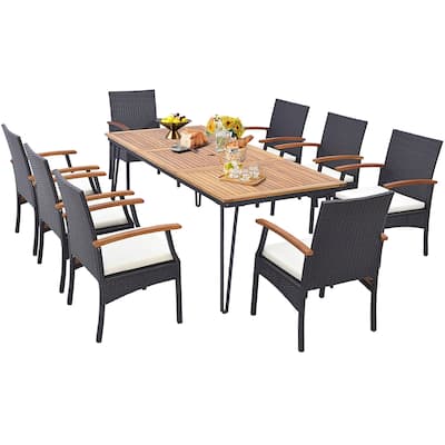 9 PCS Patio Rattan Dining Set Outdoor Table&Chair Set w/ Umbrella Hole