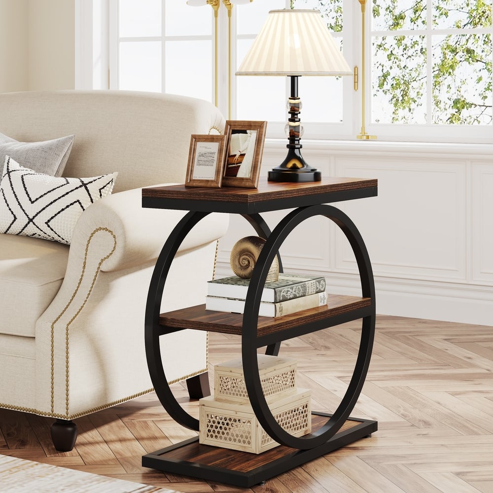 Narrow End Table with 3 Storage Shelves, Wood Side Table for Living Room