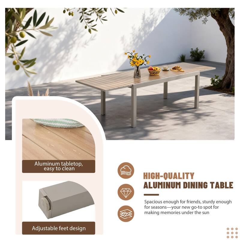 Extendable Outdoor Dining Set with Woven Rope Back Chairs with Cushions and All-Weather Aluminum Patio Table