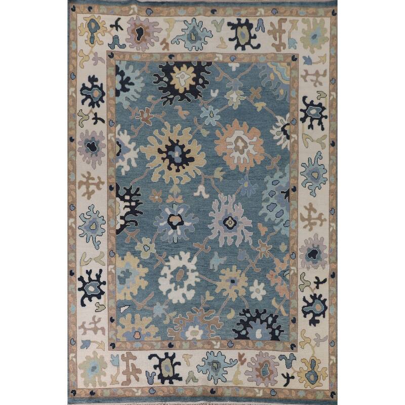 Floral Blue Oushak Oriental Area Rug Handmade Wool Carpet - 9'0"x 11'10"