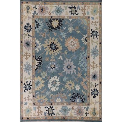 Floral Blue Oushak Oriental Area Rug Handmade Wool Carpet - 9'0"x 11'10"