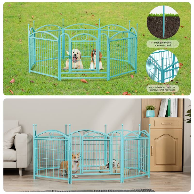 24" Dog Pen 8 Panel Dog Playpen Indoor Outdoor Metal Puppy Pet Fence Portable Folding Animal Exercise Fence - Blue