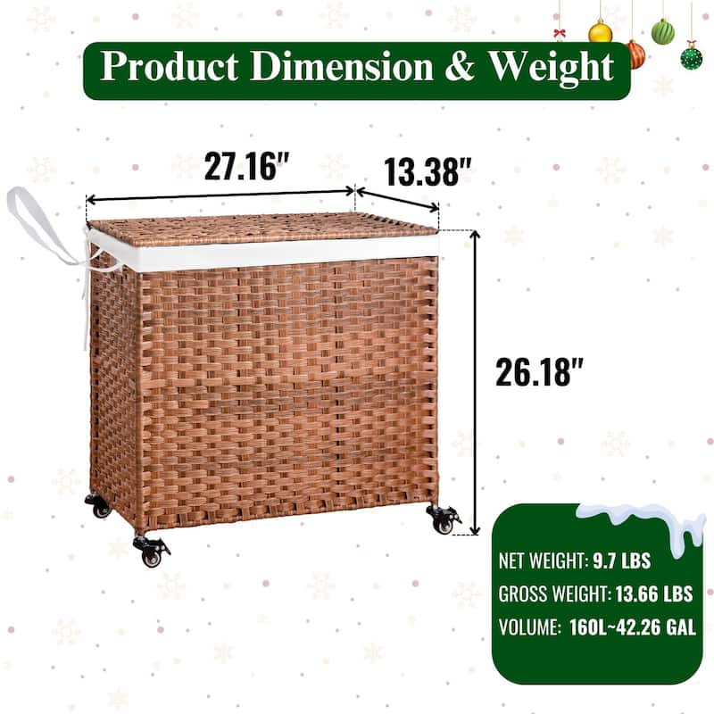 Laundry Hamper with Wheels, 160L Rattan Hampers & 2 Removable Liner Bags, Laundry Basket with Lid - 27"Lx 13.38"W x 26.18"H