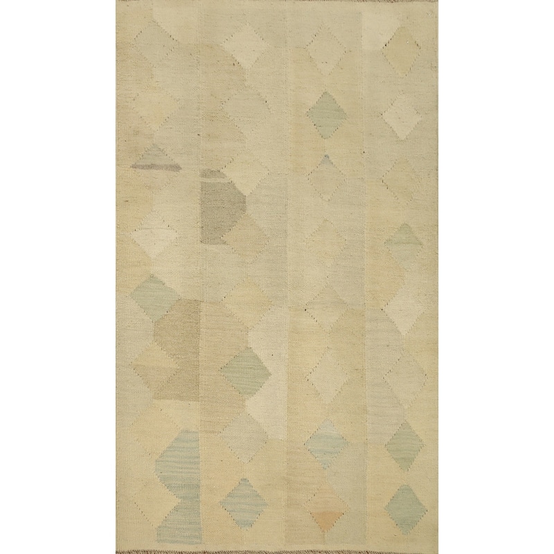 Hand Woven Oriental 100% Wool Carpet Southwestern Modern Beige & Ivories Kilim Area Rug - 4' 9'' X 2' 11''