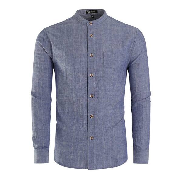 Shop Men Banded Collar Shirt Washed Cotton Long Sleeve Casual