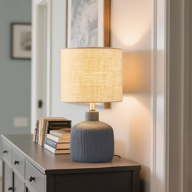 KAWOTI Fluted Ceramic Table Lamp (H18.25" x W10" x D10") - Painted Blue