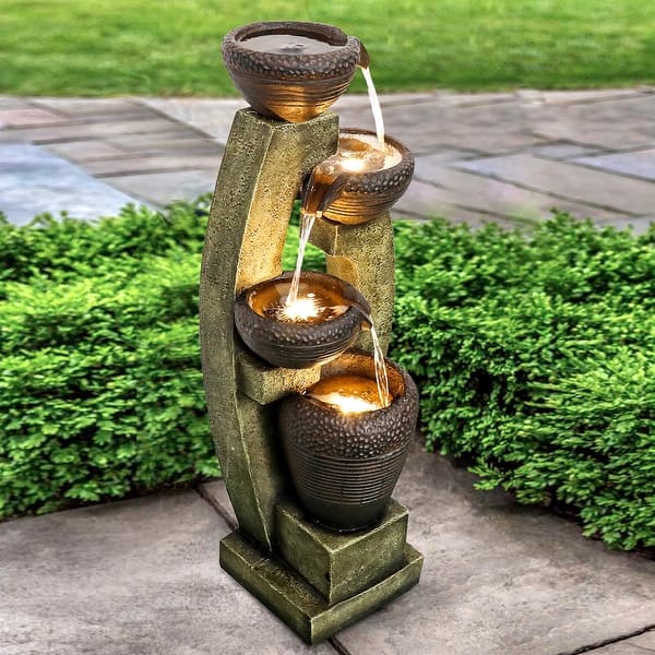 Buy 33"H Garden Fountain Outdoor Clearance With LED Lights And Pump Indoor Modern Cascading Floor Standing Fountains For Garden Enterway Deck Patio Porch Yard And Home Art Decor Brown