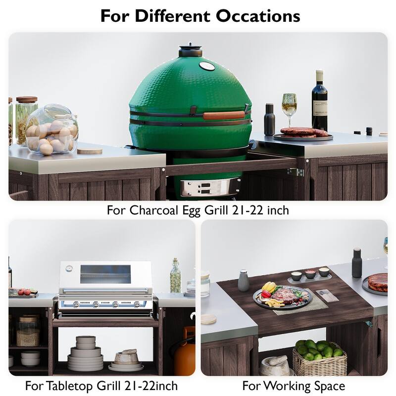 66.5" Kitchen Island Grill Cart for Big Green Egg & Kamado Joe, Solid Wood Cart with Stainless Steel Top, Drawer for Dining Room