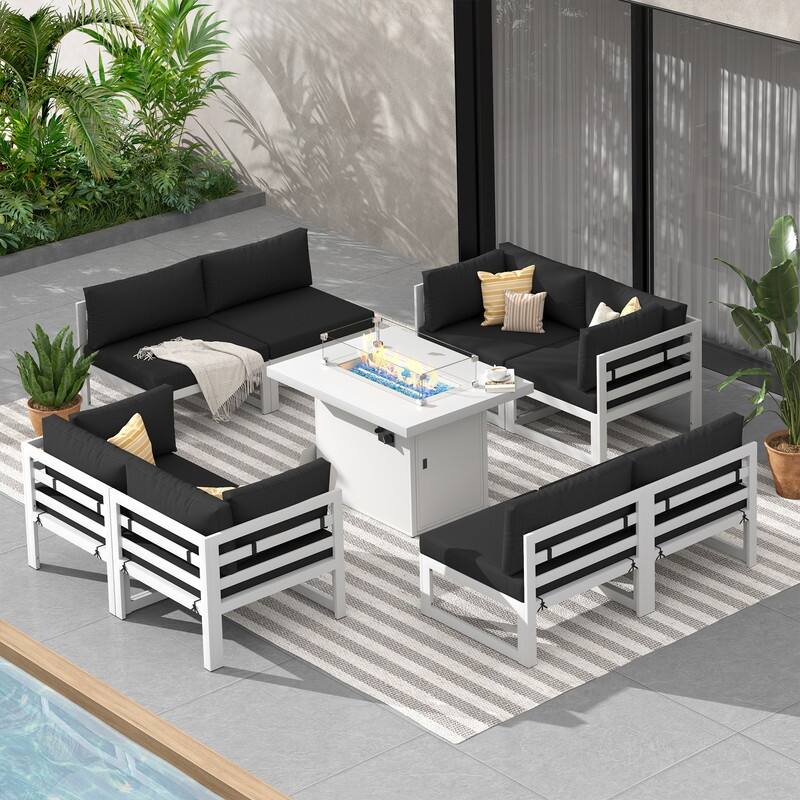 9-Piece Modern Aluminum Outdoor Furniture Set With Fire Pit Table Propane/Gas 60,000 BTU, Extra Large Aluminum Patio Sectional - White Frame - Black